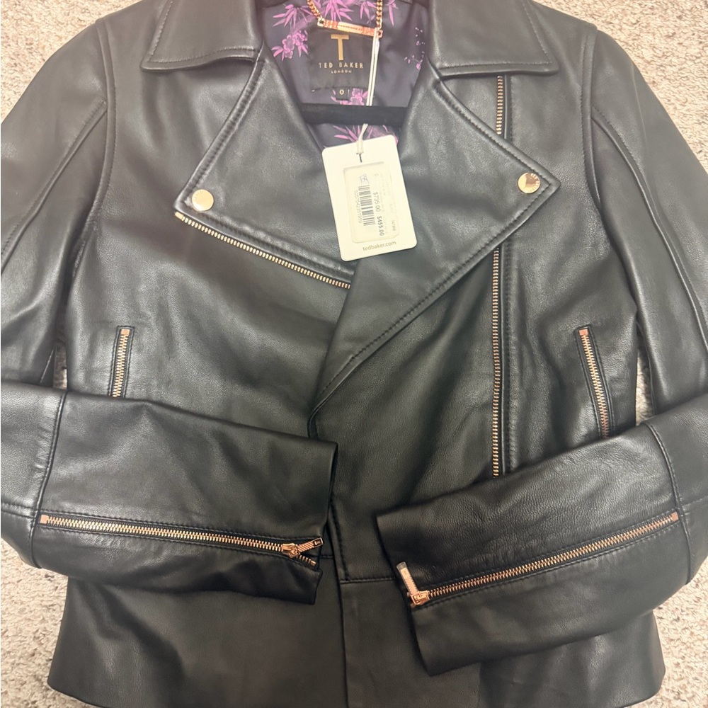 Ted Baker Black Leather Jacket with Rose Gold Details